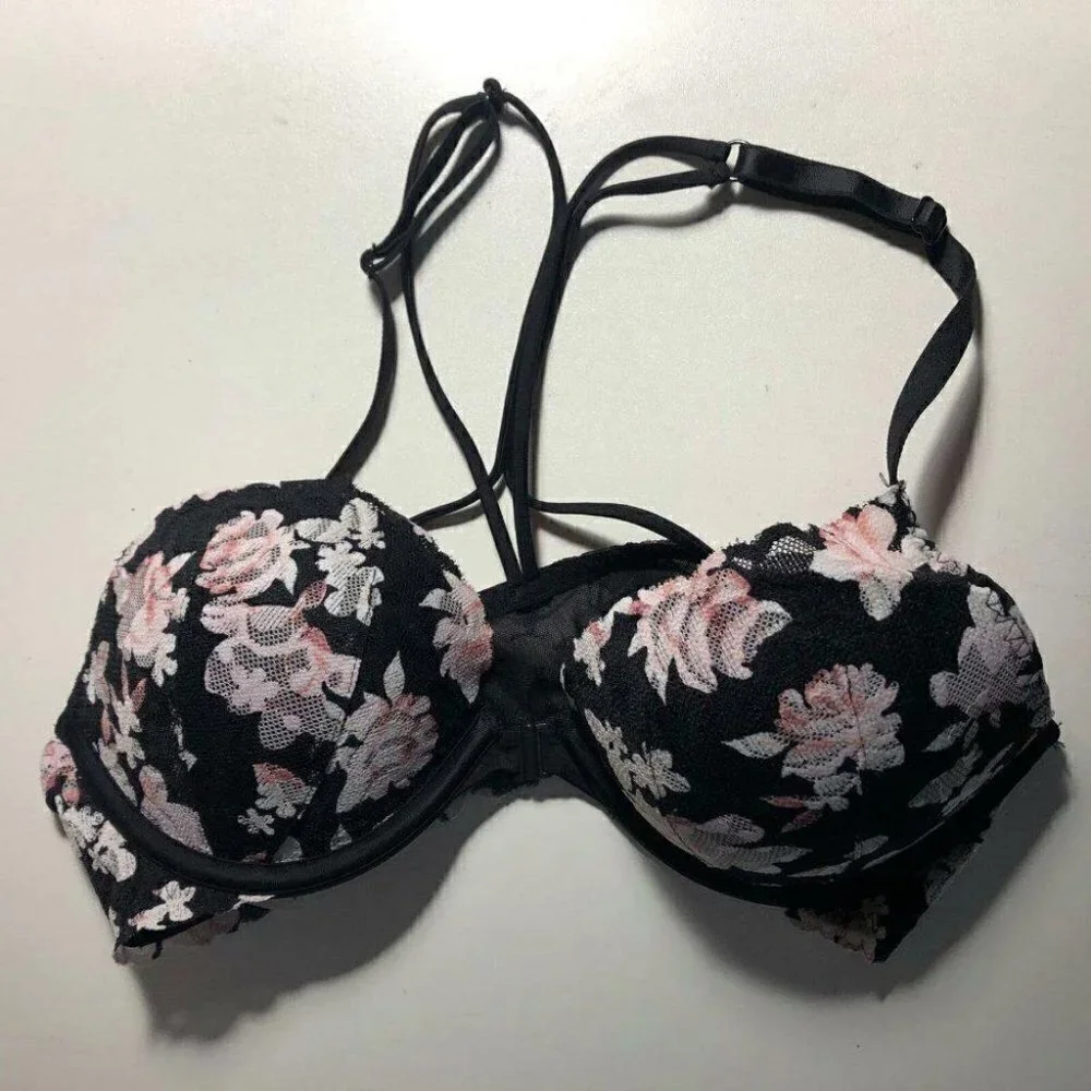 #3462-5 Victoria Secret Pink Pink Black Floral Front Closure Push Up Bra 34B